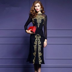 Elegant Women High-end Embroidery Skirts Long Sleeve Mesh Furcal Slim Sexy Dress
