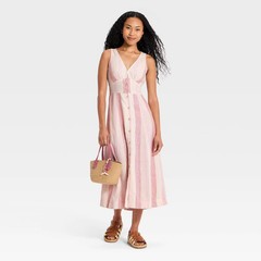 Women Woven Button-Front Midi Sundress – Universal Thread Pink Striped XL