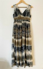 YASB Size S Tie Dye Beaded Empire Waist Maxi Dress Sleeveless Chiffon Gray Brown