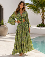 Women&rsquo;s Boho 2 Piece Skirt Set Paisley Crop Top Maxi Skirt Beach Outfit