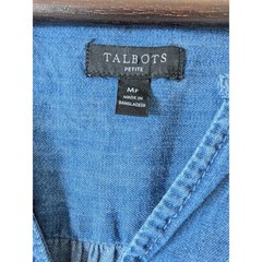 Talbots Chambray Dress Womens Sz MP Blue Tiered Cotton Split Neck Pockets Boho