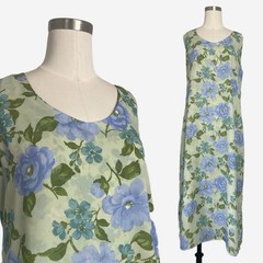 Vintage Y2K Studio Ease Sage green floral column sack midi dress tie back L/XL