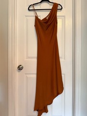 Moi Toi One Shoulder Draped Midi Dress Copper Asymmetrical Hem NWT Size M