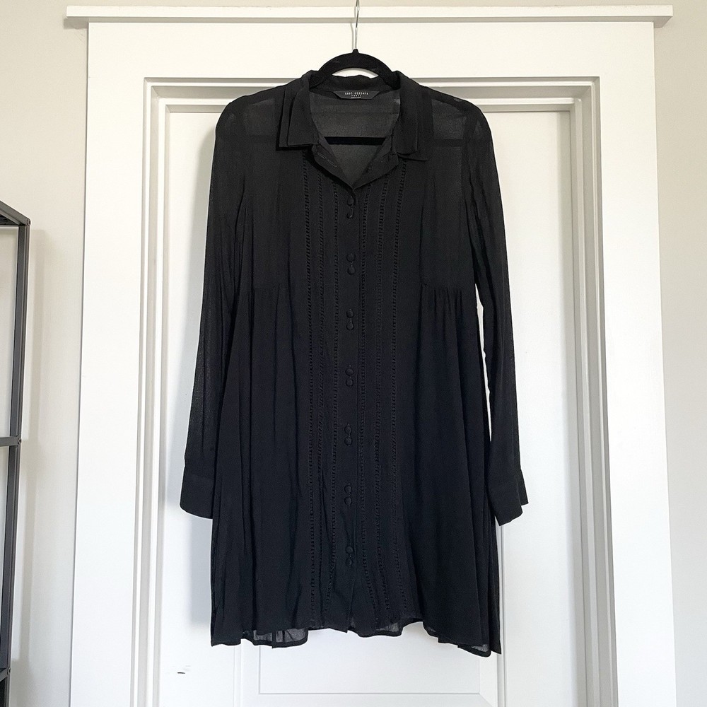 Knot Sisters Black Collared Button Down Swing Shirtdress Pleated Long Sleeve S
