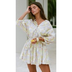 SABO Yellow Purple Orange Oversized Puff Sleeve Peplum Waist Tie Mini Dress 6