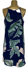 Women’s Blue Tan Green Casual Tropical Palm Leaf Halter Slip Dress Size Medium