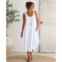 LUUKAA Tank Dress Sleeveless Lagenlook Boho Quiet Luxury Pockets White Size L