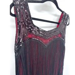 Flapper Sequin Great Gatsby 1920&rsquo;s Style Fringe Dress Large Red Black Sequin