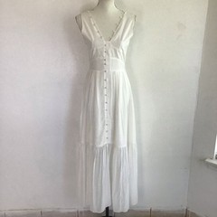 Posh Mia Women Elegant White Sleeveless Button-Front Sheer Bottom Maxi Dress S