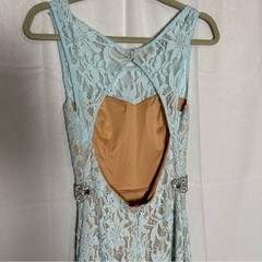 Deb 2000’s Lace Overlay Blue Open Back Cut Out Rhinestone Formal Maxi Dress 7