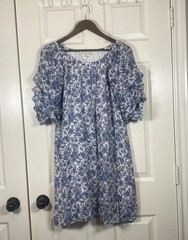Indigo Rose, Petite Small, Blue Floral Puff Sleeve Crinkle Dress Lined Midi Boho