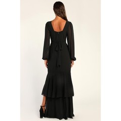 Lulus Tier Elegance Black Long Sleeve Tiered Maxi Dress Chiffon Formal M NWT