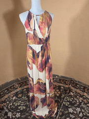 London Times Cream & Burgundy Abstract Floral Maxi Dress Keyhole Neck | Surplic
