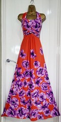 DEBENHAMS size 16 Red Purple halter stretch maxi dress floral holiday summer VGC