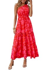 Women&rsquo;s Summer Floral Maxi Dress Knot One Shoulder Sleeveless Ruffle Flowy Bo…