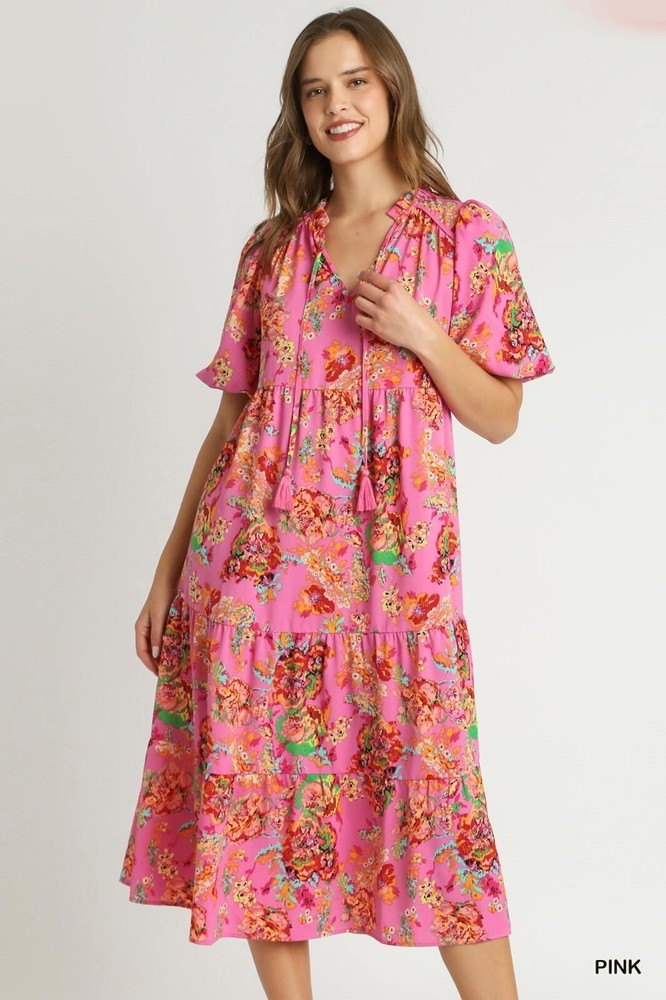 Umgee Hot Pink Multi Floral Midi Dress w/ & Split Neck Short Balloon Sleeves