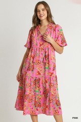 Umgee Hot Pink Multi Floral Midi Dress w/ & Split Neck Short Balloon Sleeves
