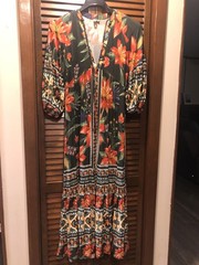Farm Rio Anthropologie Maxi Dress Button Front Puff Sleeve Retro Boho Small P