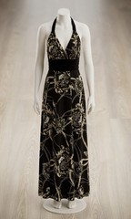 Vintage 90s Monaco maxi dress large open back halter brown gold chain old money