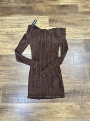 PrettyLittleThing Brown Glitter Rib Knit Off Shoulder Bodycon Mini Dress 6