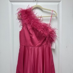 Mac Duggal Size 4 Pink 11684 One Shoulder A-Line Maxi Gown Feather Prom Dress