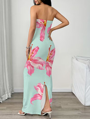 Large Mint Green Maxi Dress. Elegant Sleveless Ruched w Pink & White Flowers
