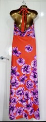 DEBENHAMS size 16 Red Purple halter stretch maxi dress floral holiday summer VGC