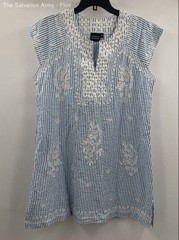 Madison Mathews Womens Blue Striped Embroidered Short Sleeve Tunic Dress Size L