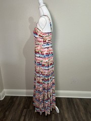Mi Ami Women’s Size Med Pink Red Print Maxi Dress Sleeveless Rayon Tiered Ruffle