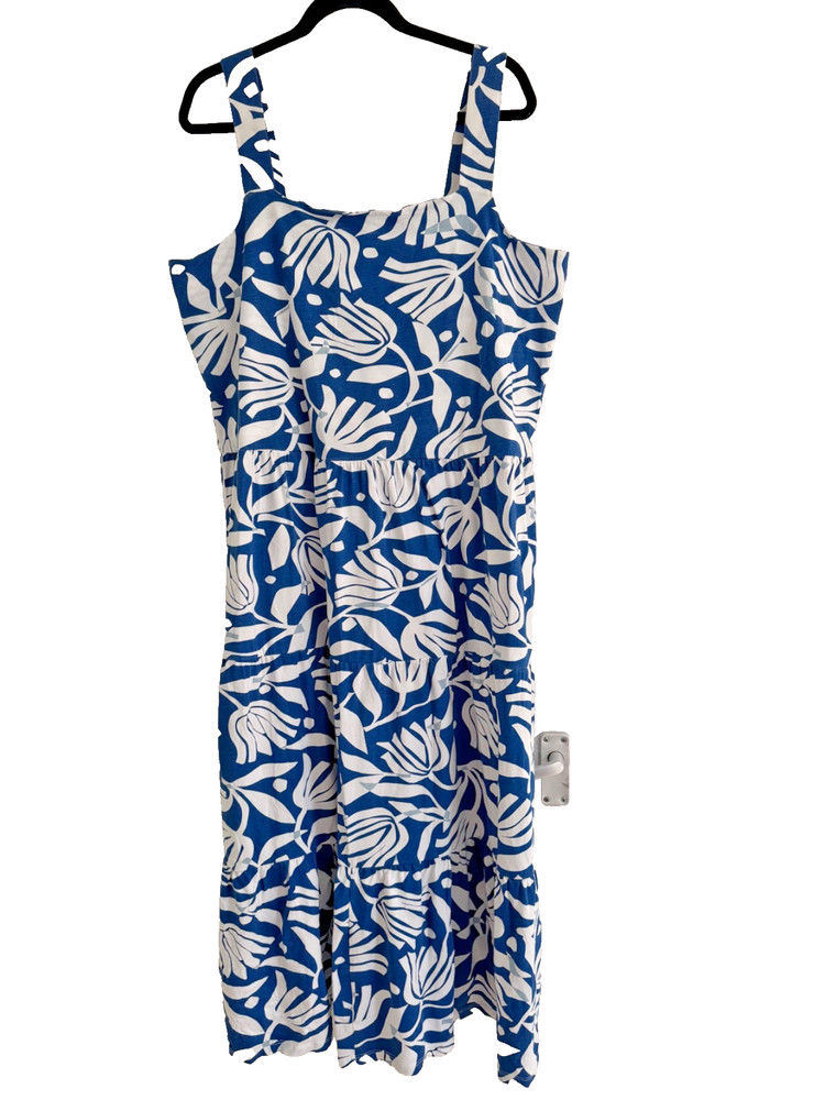 FAB SEASALT DEEP WATER BLUE & WHITE SQUARE NECK FLORAL COTT SLEEVELESS DRESS 20!