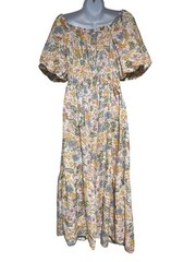 Japna Linen Blend Floral Puff Sleeve Midi/Maxi Dress Womens S Tropical Resort