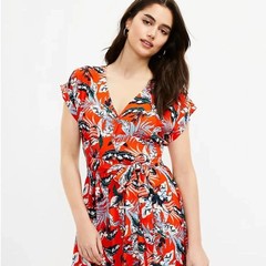 LOFT Red Tropical Floral V-Neck Button Front Tie Waist Midi Dress Size 6P