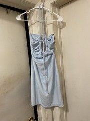 Light Blue Halter Mini Dress Women’s Size L Ruched Front Open Bust
