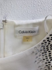 Calvin Klein Ivory Beaded Sheath Dress Size 6 Round Neck Sleeveless Knee Party