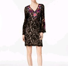 INC Bell Sleeve Dress Floral Embroidery Black Lace 10 Whimsigoth Fairygrunge Y2K