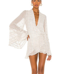 ROCOCO SAND Noi Ivory Metallic Print V Neck Long Sleeve Mini Dress S $325
