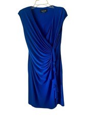 Black Label by Evan Picone Blue Sheath Wrap Dress Ruffle Sleeveless V-Neck 12