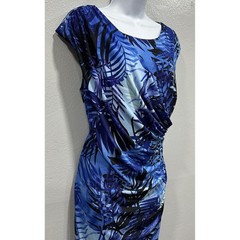 Connected Apparel Midi Dress Women 16 Blue Black Tropical Sheath Stretch Pull On