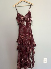 Jessica Simpson Burgundy Floral V-Neck Adjustable Strappy Ruffle Maxi Dress L