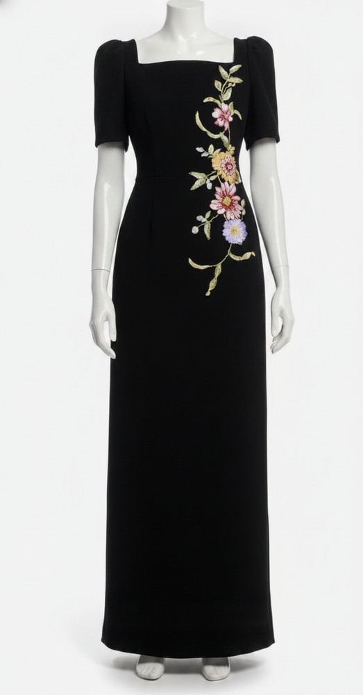 Teri Jon by Rickie Freeman Women&rsquo;s Black Floral Appliqué Crepe Gown Dress Sz 18