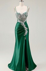 Blush Mermaid Corset Sequin Long Prom Dress with Ruffled Slit