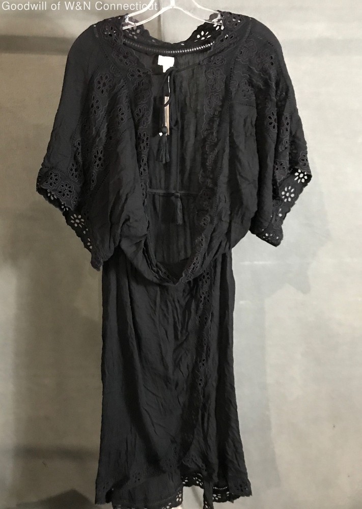 Surf Gypsy Women&rsquo;s Black Eyelet Tassel Tie Neck Gauze Mini Dress NWT Sz M