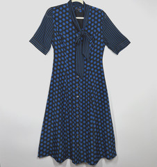 J Peterman Silk Dress Blue & Black Polka Dot Career Button Front Bow Lined Sz 4