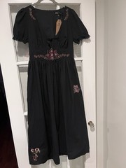 NWT Disturbia Arianwen Embroidered Puff Sleeve Midaxi Dress Black Sz 6 Celestial