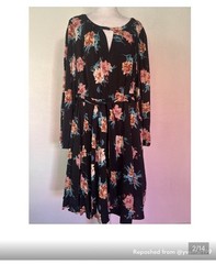 Torrid Plus Sz 2X Black Floral A-Line Knee Length Dress Keyhole Long Slv