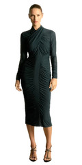 NWT REISS Myla Dark Green Teal Stretch Rushed Bodycon Midi Dress Size 2