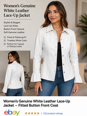 Women&rsquo;s White Genuine Leather Jacket Lace Up Fitted Button Front Casual Coat