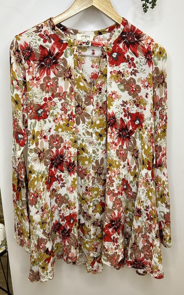Umgee Women’s Floral Oversized Swing Dress Keyhole Opening Bell Sleeves Sz Small
