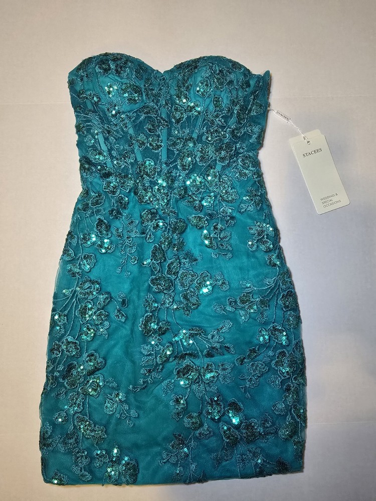 NEW Stacees Prom Homecoming Formal Dress Teal Sequin Embroidery W/ TAGS