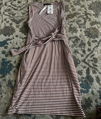 MEROKEETY Women&rsquo;s S Brown White Striped Sleeveless Belted A-Line Dress